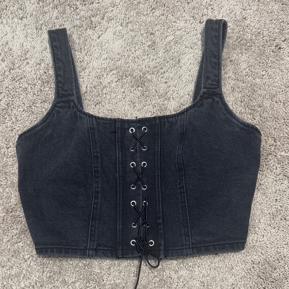 Wild Fable Black Lace-Up Denim Crop Top